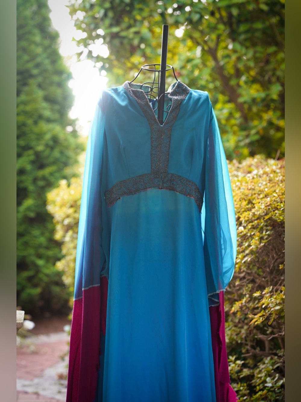 Turquoise Blue Beaded Kaftan Caftan Dress Long Sleeve Formal Boho M/L